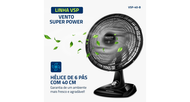 Ventilador de Mesa 40cm Super Power, Mondial, Preto/Prata, 140W, 110V - VSP-40-B